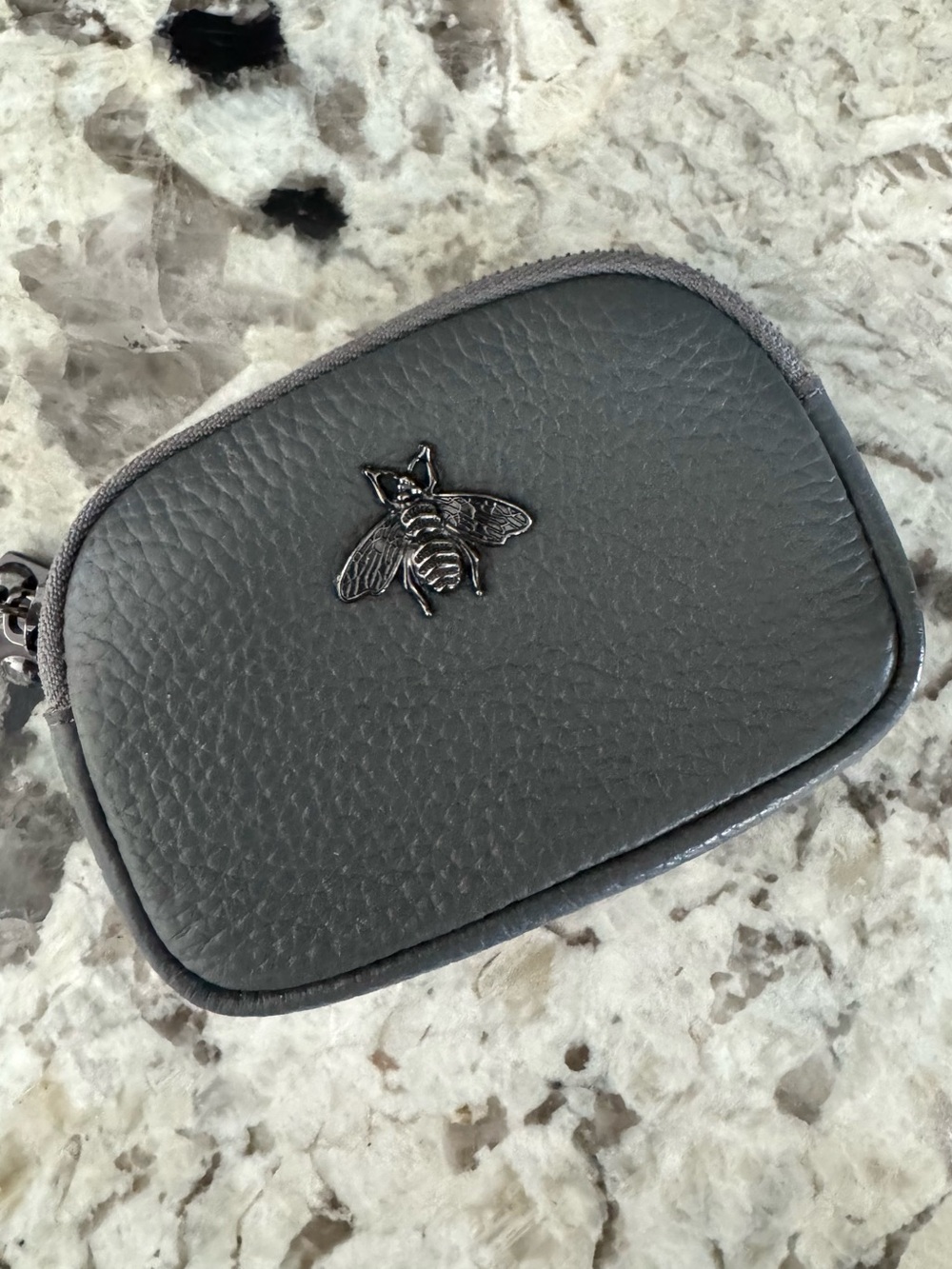Leatherette Bee Accent Coin Pouch Dark Grey